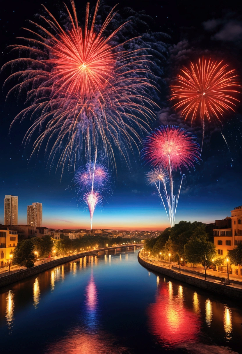 a breathtaking night sky filled with vibrant fireworks, a flowing river beneath, a beautiful full moon accentuating the colorful display, heart-shaped fireworks bursting in vivid red, blue, and yellow hues, the night sky completely ablaze with an awe-inspiring fireworks show, (best quality,8k,highres,masterpiece:1.2),ultra-detailed,(realistic,photorealistic,photo-realistic:1.37),cinematic,dramatic lighting,stunning colors,intricate details,cinematic,dramatic,fantasy