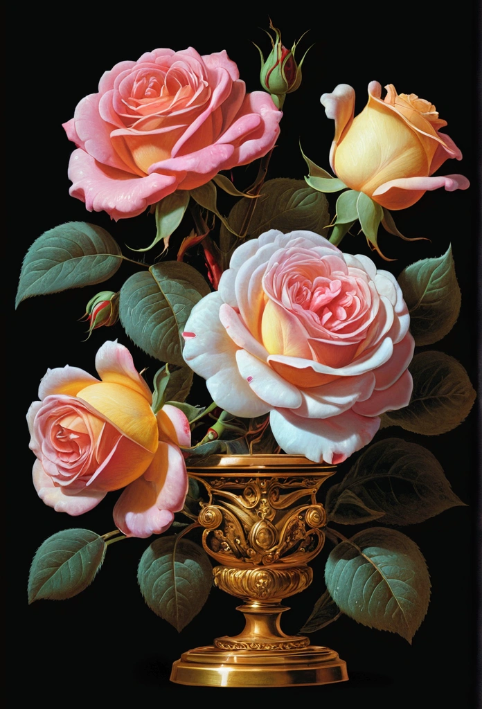 ((Magnificent roses)), Art Station Trend, "The Flower of Hope" by Jean-Honore Fragonard, Peter mohrbacher, Super detailed, Crazy detailing, Stunning, Intricate, elite, Jugendstil, ornate, liquid wax, elegant, luxurious, by Greg Rutkowsky, ink style, Sticker, vector art, Beautiful character design, Double exposure shot, Luminous design, Winning Bid, Masterpiece, AMOLED-black background,