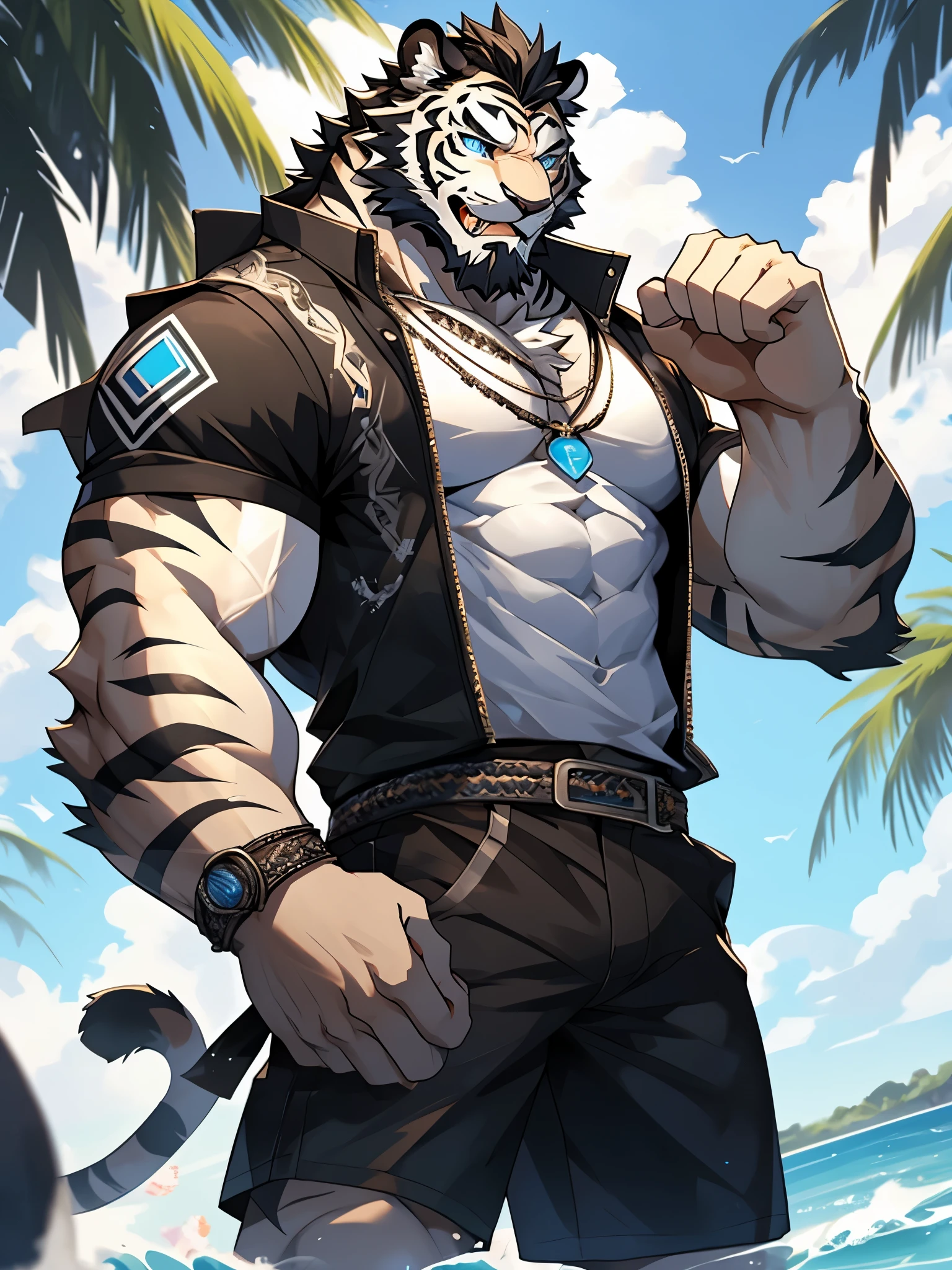 Masterpiece, Solo, Furry Black White Tiger, Blue Eyes, Medium Black Hair, Medium Black Facial Hair, Muscular Body, Cool Pose, Handsome, Good Looking, Adult, Fierce, Smirking, shirtless, short pants, summer background.