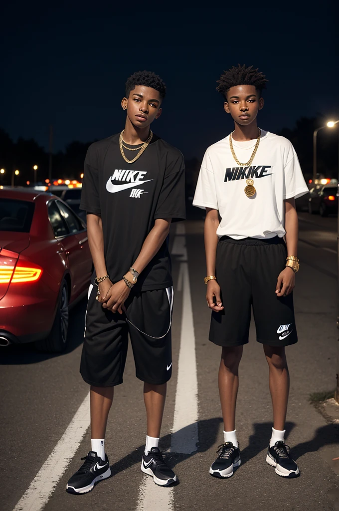 Two boys in a dark parking lot, a black boy wearing a nike t-shirt and a  boy wearing a gold chain