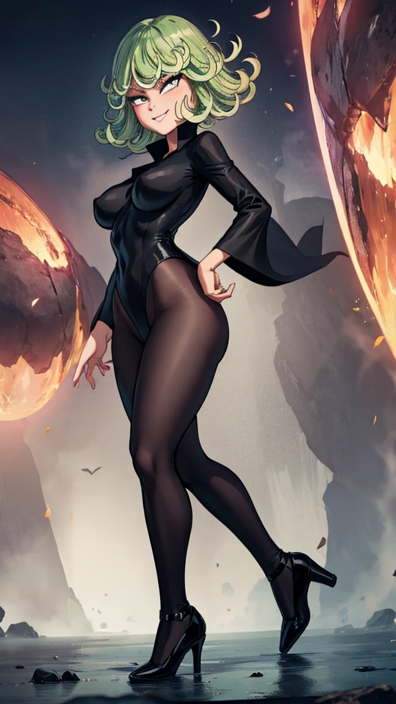 Tatsumaki, (black flats), cute and sexy, large breasts, large butt, full body, long legs, smiling