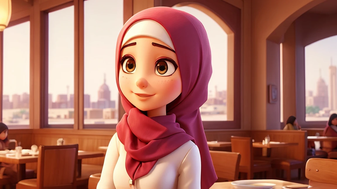 My name is Emily.I'm arabic 25 years oald women, I love going to restaurants,coveredhead,modern Hijab wear,extremely detaild,side view,moderne restaurant design,vibrant colors,soft, natural lighting,smooth bokeh effect,oil painting style,Romantic Inspiration,exceptional clarity and sharpness PIXAR style