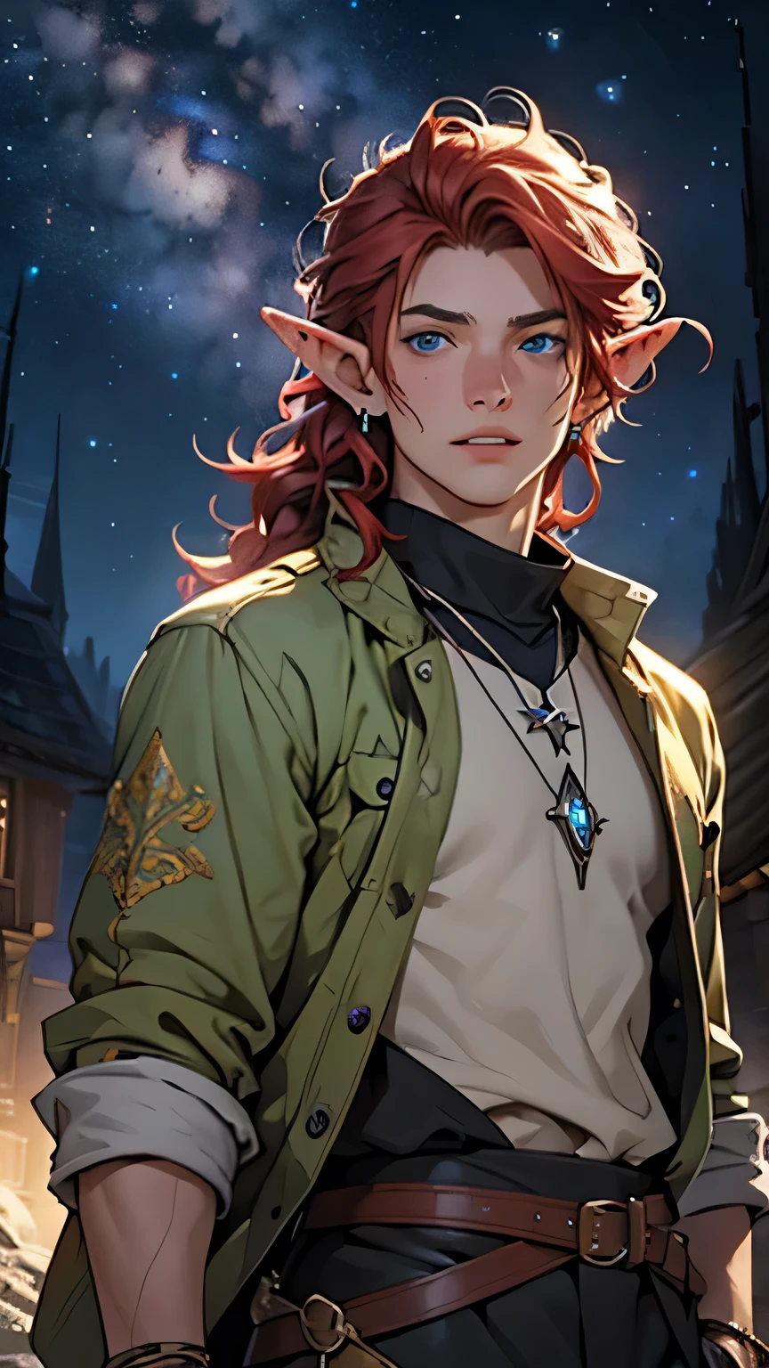 Young elf, 20 year, Wearing a green jacket, Amethyst Stone Necklace, 2 silver bracelets, 3 silver piercings in the right ear, blur the background to create a three-dimensional effect, Middle Part, Short wavy red hair, pale skin, flushed lips, freckles on the face, bright blue eyes, 4K details, realistic lighting, full HD, HDR, expression of tranquility, adventurer pose, Behind him a starry night with the milky way.