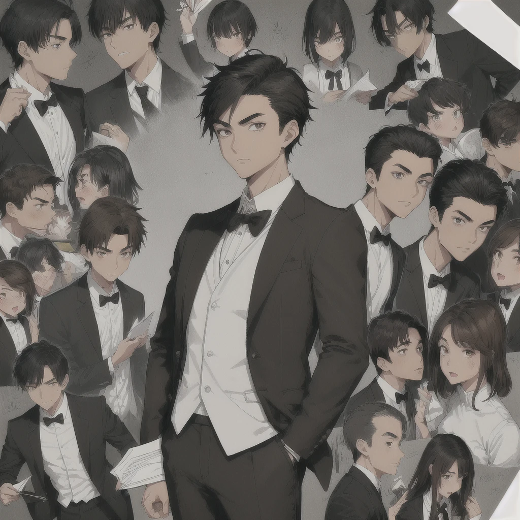 Male Asian young adult , medium length spikey hair , brown lazy eyes, thin sharp eyebrow, thin nose, good looking ,dark brown hair, tan skin, broad shoulders, lean, tall, short black tie, fitted black tuxedo jacket, white school shirt , light grey school pants, black fancy shoe , reading a note book