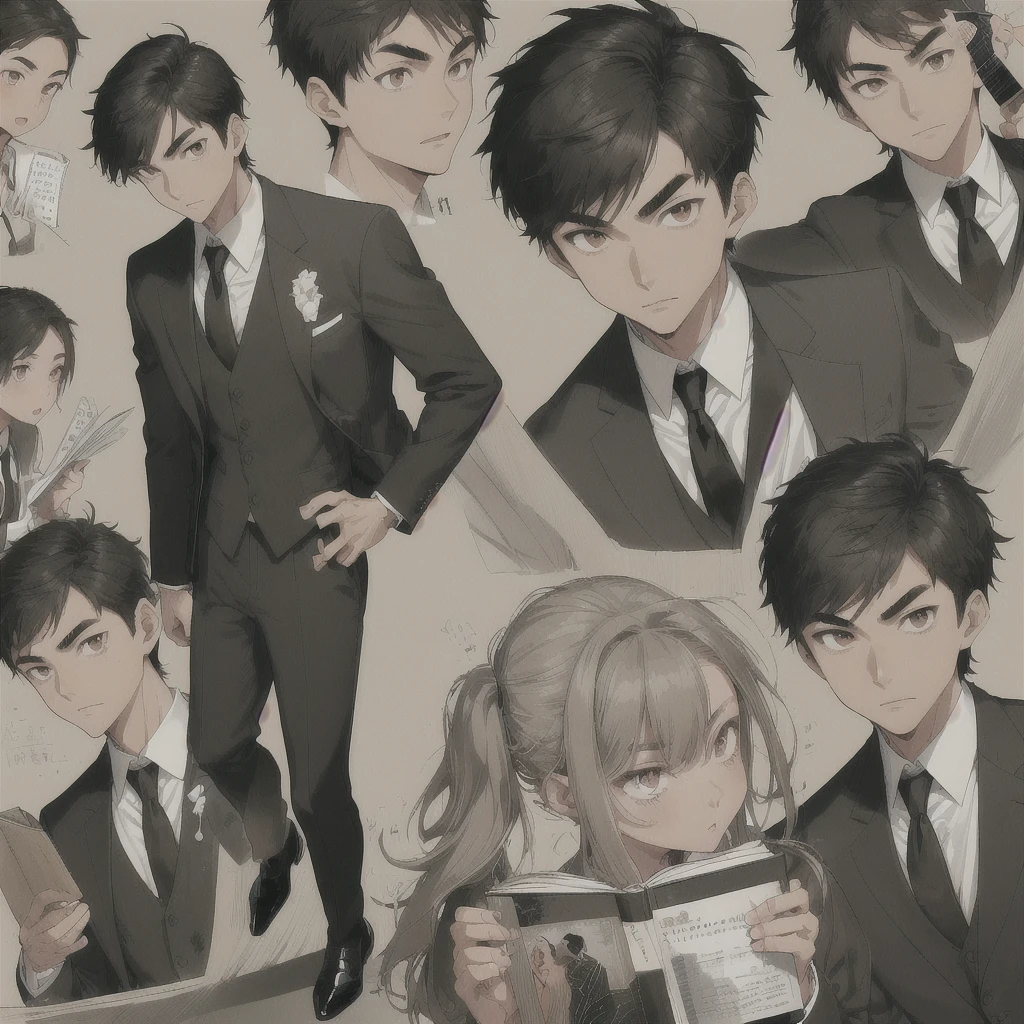 Male Asian young adult , medium length spikey hair , brown lazy eyes, thin sharp eyebrow, thin nose, good looking ,dark brown hair, tan skin, broad shoulders, lean, tall, short black tie, fitted black tuxedo jacket, white school shirt , light grey school pants, black fancy shoe , reading a note book