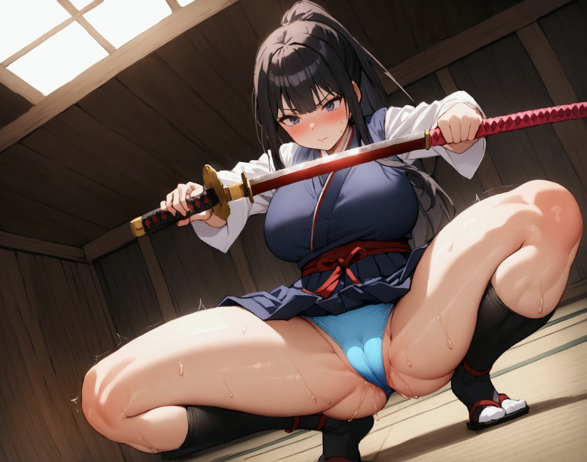 One woman、beautiful girl、high school girl、Hakama、ponytail、Big red ribbon、Long Hair、Budokan、Holding a Japanese sword、Kendo stance、A packed audience、Highest quality, Thick thighs、Big Ass、Black Hair、Sweaty body、Rin々A funny expression、Serious face、Angle from directly below、tabi、Japanese sword swinging pose、Conqueror's Haki Aura、Squatting with legs apart、Blue panties、Close up angle on pantiey legs are shaking、Cramp、Love juice、Dildo underneath、The dildo is touching her crotch、in the ground、The dildo is vibrating