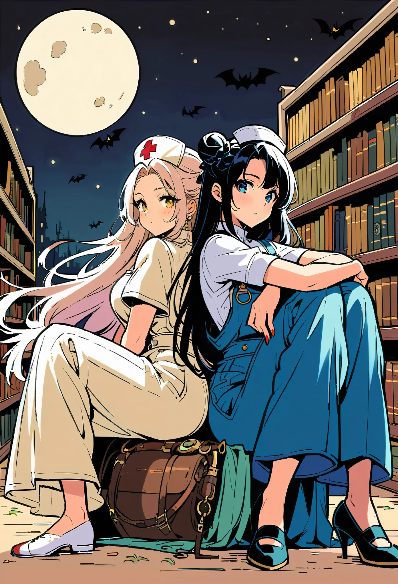 steampunk, slave, nurse, goatee, shaded face, braided bun, nail polish, dungarees, no socks, Bat wings, hugging own legs, back-to-back, library, (lineart), beautiful detailed pampas grass field, open hakama, surrounded by floating sakura, yellow full moon, beautiful detailed dark midnight sky, messy white long hair