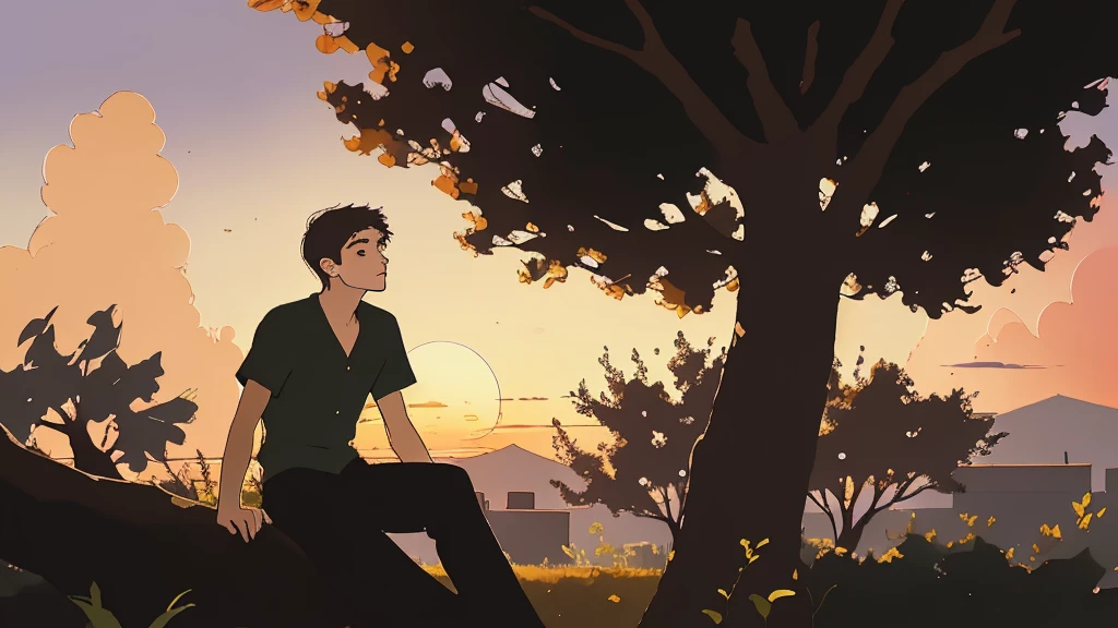 young man under a tree admiring the sunset