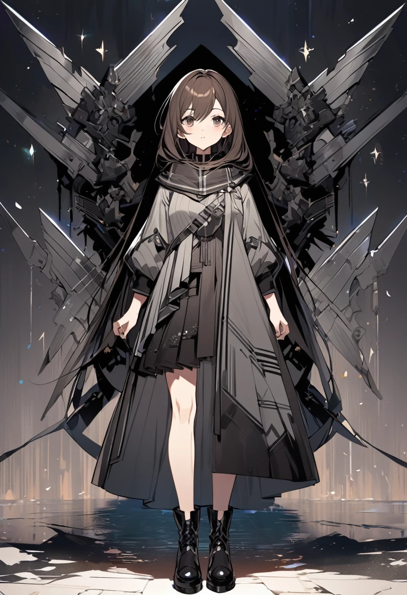A beatiful anime woman, long dark brown, dark brown eyes, gray regatta, black short, black boot, standing, full body