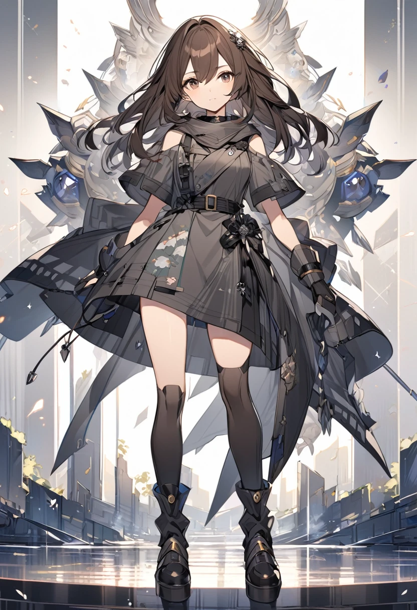 A beatiful anime woman, long dark brown, dark brown eyes, gray regatta, black short, black boot, standing, full body