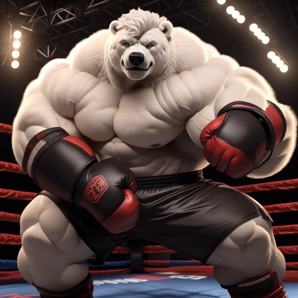Brock Ólafsson The Huge Muscled Polar Bear, with White Hair, Huge, White Fur, Shirtless, Topless, Black MMA kickboxing Fingerless Gloves and Black MMA kockboxing Shorts