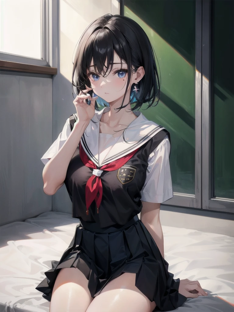 absurdres, RAW photo, extremely delicate and beautiful, masterpiece, Best Quality, ultra high resolution, 32k, hyperrealistic, ultra-detailed, tearful mole, earring, medium breasts, whole body shot, medium hair, asymmetrical hair, ((school_uniform)), short skirt,