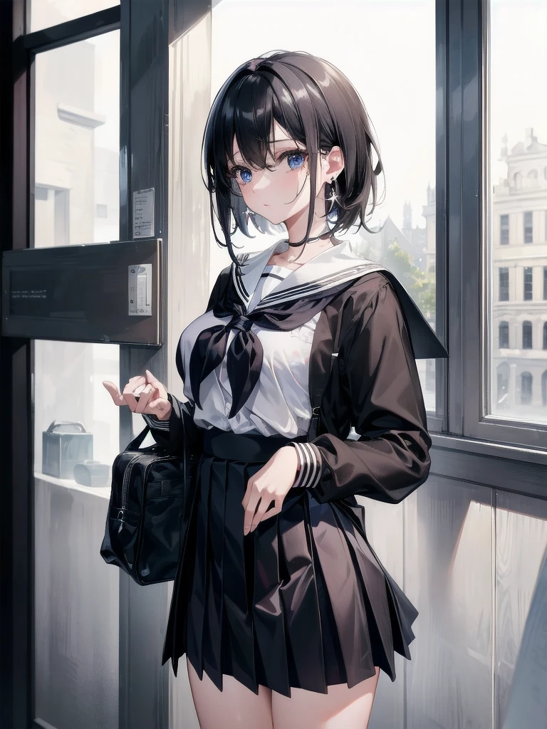 absurdres, RAW photo, extremely delicate and beautiful, masterpiece, Best Quality, ultra high resolution, 32k, hyperrealistic, ultra-detailed, tearful mole, earring, medium breasts, whole body shot, medium hair, asymmetrical hair, ((school_uniform)), short skirt,