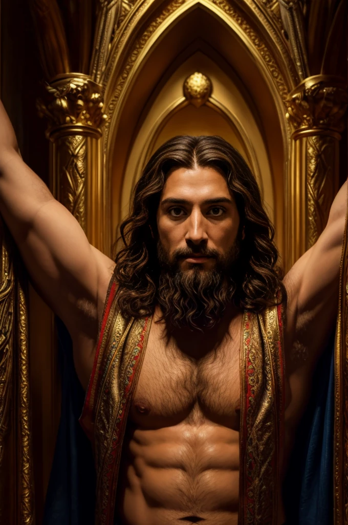 A serene and peaceful face of Jesus, with a gaze filled with love, compassion, and wisdom. Realistic, with his mantle covering his entire body. The portrait captures the essence of his divine presence, with intricate details and a lifelike depiction. The artist skillfully portrays Jesus as a 33-year-old Hebrew man, with short brown hair and a long brown beard. The open arms of Jesus invite all to seek solace and find salvation. The painting, reminiscent of the styles of Diego Velázquez, Peter Paul Rubens, Rembrandt, and Alex Ross, showcases their mastery in capturing the human form and the spiritual aura surrounding Jesus. This exceptional artwork is created using the finest oil painting techniques, resulting in a surreal and hyper
