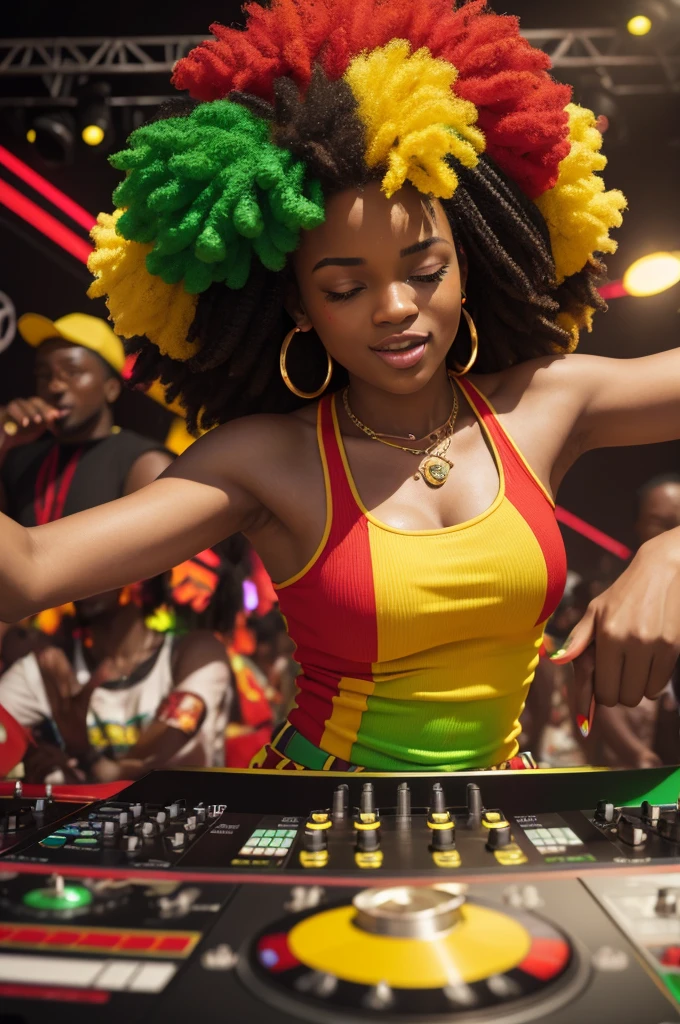 Reggae Dj afro beats high definition in the background colors of Jamaica with a splash of red and yellow and green with a flourishing paint with a crowd dancing Pure reggae Vibrant high definition detailed 3D High images 