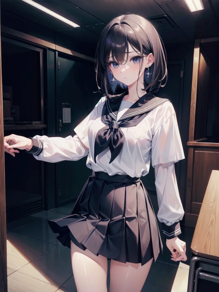 absurdres, RAW photo, extremely delicate and beautiful, masterpiece, Best Quality, ultra high resolution, 32k, hyperrealistic, ultra-detailed, tearful mole, earring, medium breasts, whole body shot, medium hair, asymmetrical hair, ((school_uniform)), short skirt,