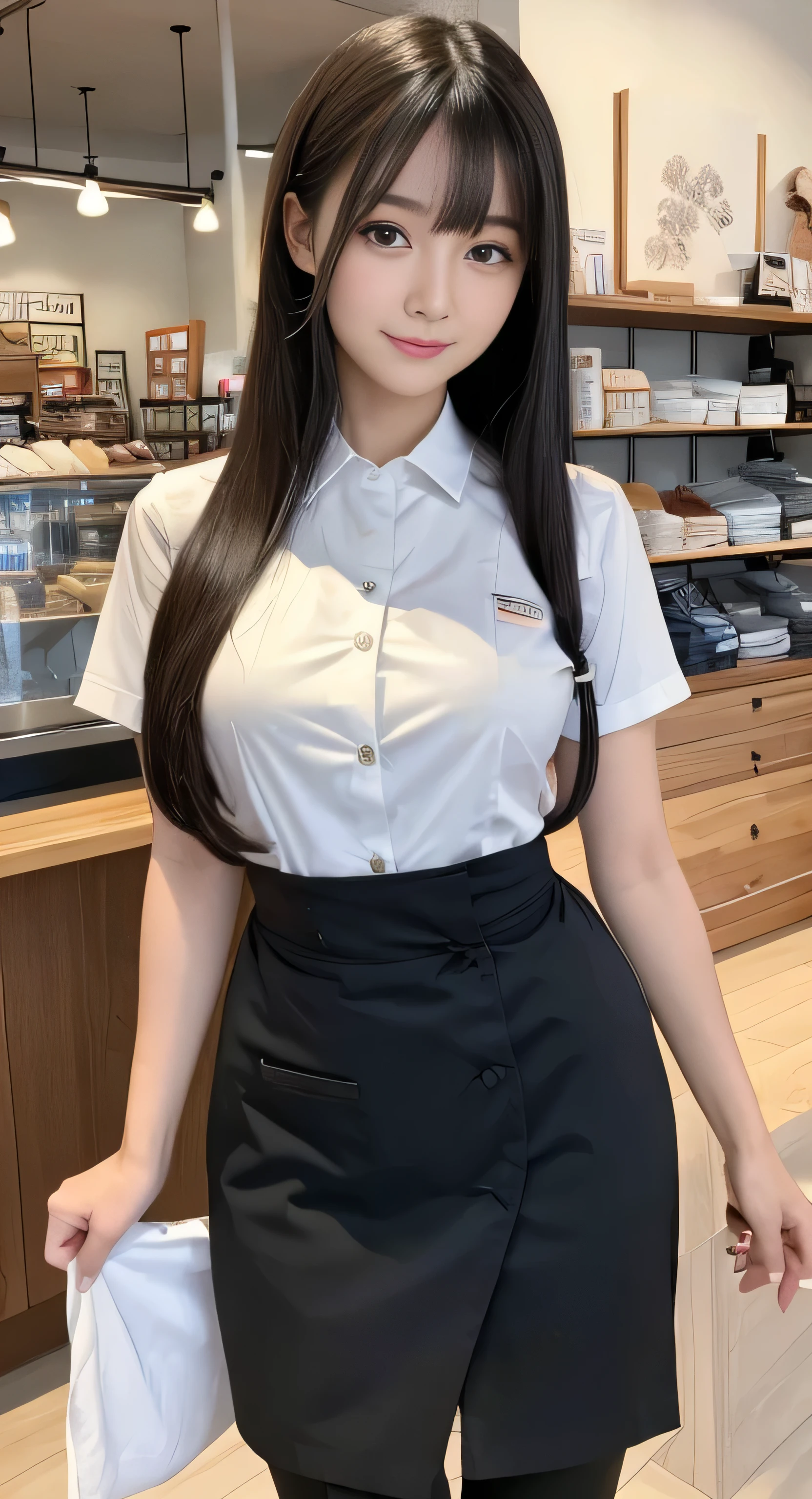 Create an ultra-realistic image of a 21-year-old Japanese woman named Kotone working at a part-time job. She has extremely long, perfectly straight black hair that flows down to her waist, with blunt bangs that cover her forehead. Her eyes are large and enchanting, with double eyelids that give them a captivating and youthful appearance. Her face is delicate and innocent, with very thin eyebrows that frame her large, childlike eyes. Kotone's skin is smooth and flawless, resembling snow in its pure white color. Kotone has a slender and well-proportioned body with a bust size of 95 cm, a cinched waist, slim thighs, and firm buttocks. Her complexion is flawless, without any wrinkles, and her natural makeup enhances her features subtly, maintaining a fresh and youthful look.
Kotone is dressed in a neat and professional work uniform appropriate for her part-time job. She could be depicted working in a café, wearing an apron over a blouse and skirt, or perhaps at a retail store, wearing a store-branded shirt and pants. She is engaged in her tasks with a friendly and diligent expression, serving a customer or organizing items with care. The background should reflect a busy and welcoming work environment, with appropriate elements like a café counter, shelves, or other related features. The lighting should be