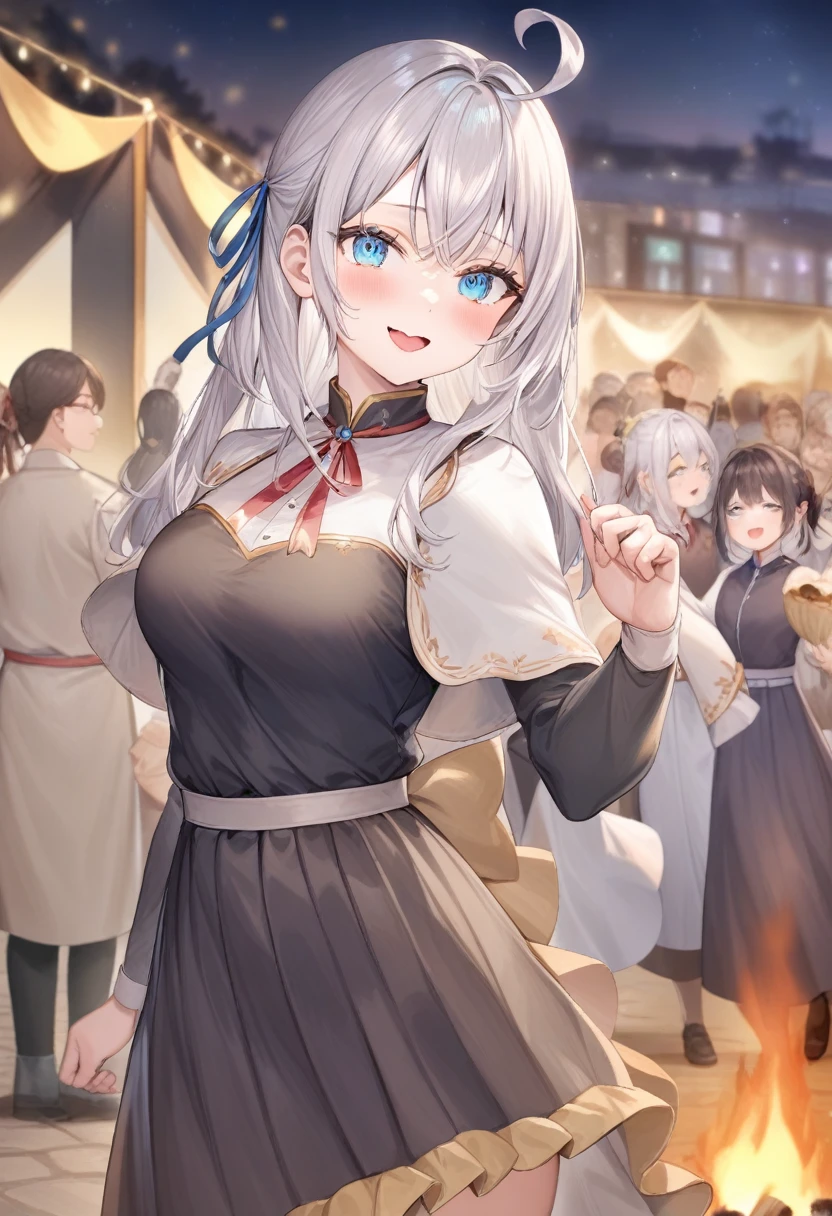 One girl, Alisa Mikhailovna Kujo,Tomorrow, my friend, Arya-san, will be visiting Russia.,alone, Long Hair, Eyebrows visible through hair, Hair between the eyes, Silver Hair, blue eyes, Medium chest, Black Uniform、A huge campfire、at night、School festival、Dancing folk dance、
View your viewers, Top quality to reach out to your audience, so beautiful,
