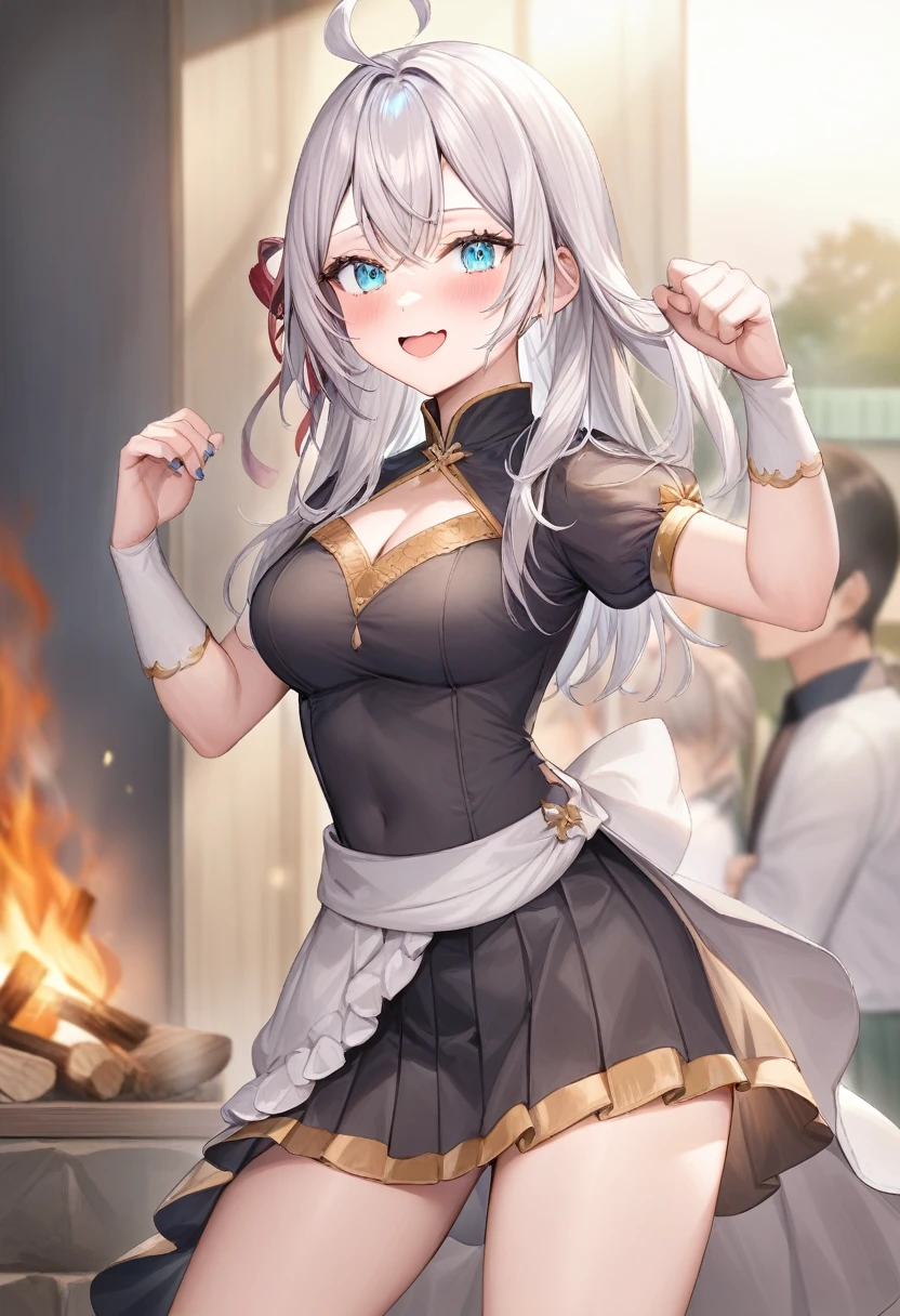 One girl,  Alisa Mikhailovna Kujo,Tomorrow, my friend, Arya-san, will be visiting Russia.,alone, Long Hair, Eyebrows visible through hair, Hair between the eyes, Silver Hair, blue eyes, Medium chest, Black Uniform、A huge campfire、at night、School festival、Dancing folk dance、
View your viewers, Top quality to reach out to your audience, so beautiful, 
