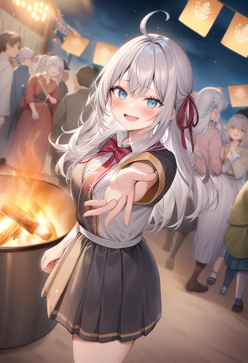 One girl,  Alisa Mikhailovna Kujo,Tomorrow, my friend, Arya-san, will be visiting Russia.,alone, Long Hair, Eyebrows visible through hair, Hair between the eyes, Silver Hair, blue eyes, Medium chest, Black Uniform、A huge campfire、at night、School festival、Dancing folk dance、
View your viewers, Top quality to reach out to your audience, so beautiful, 