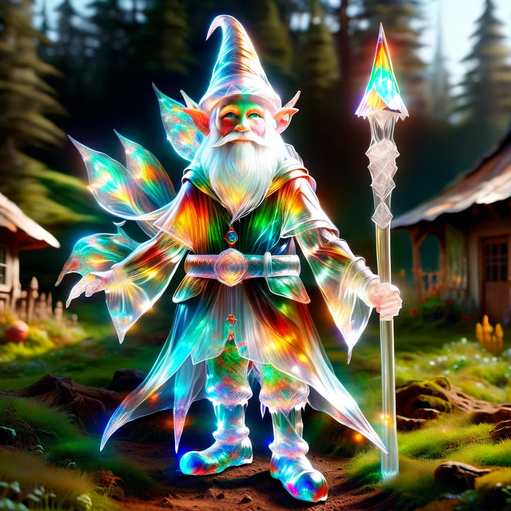hyper detailed masterpiece, dynamic realistic digital art, incredible quality,transparentes, translucent elf, little gnome creature, long white beard, pointy hat in earth tones, practical rustic clothing, Carry a staff, guardian of the house and farm, Good luck, protection DonMSp3ctr4lXL