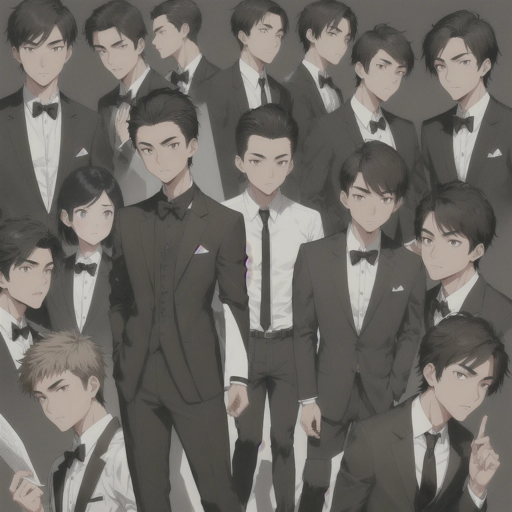 Male Asian young adult , medium length spikey hair , brown lazy eyes, thin sharp eyebrow, thin nose, good looking ,dark brown hair, tan skin, broad shoulders, lean, tall, short black tie, fitted black tuxedo jacket, white school shirt , light grey school pants, black fancy shoe , reading a note book