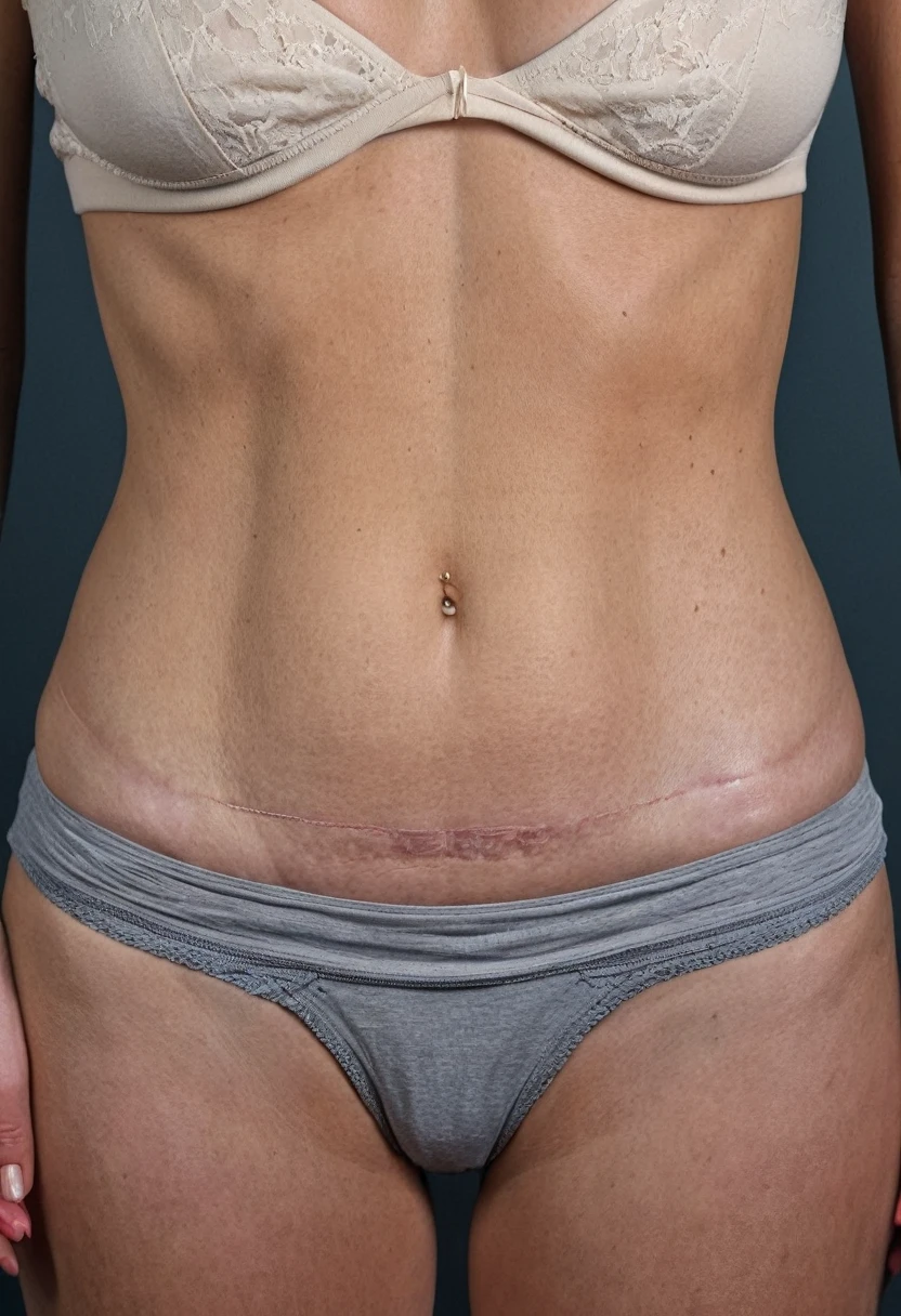 a 35 year old model, wearing casual clothes, showing on abdomen, below the navel, a barely noticeable plastic surgery scar.