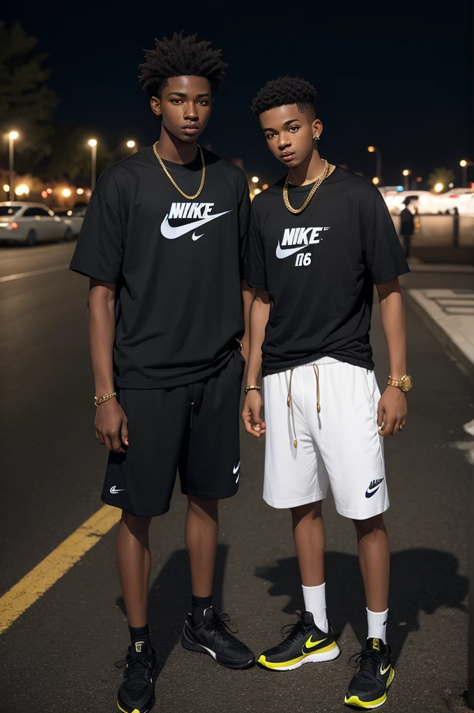 Two boys in a dark parking lot, a black boy wearing a nike t-shirt and a 16 year old wearing a gold chain
