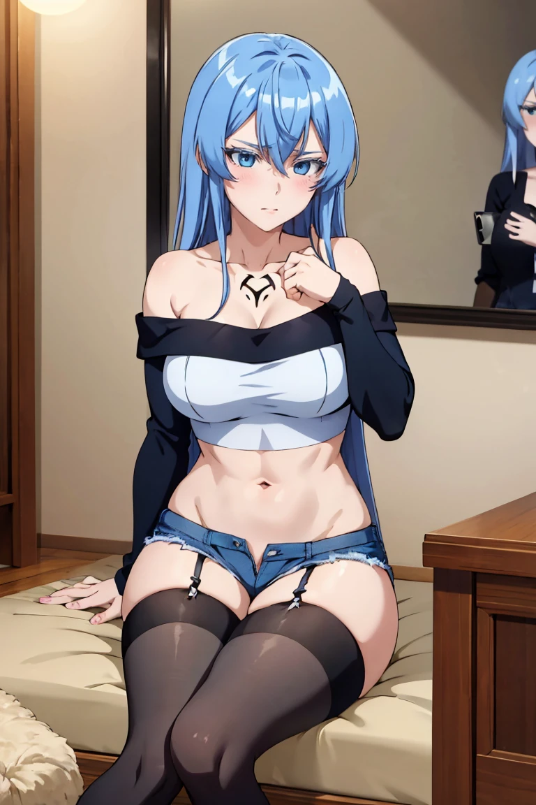 (artwork, best quality) a girl with long blue messy hair, blue eyes, blue eyelashes, blue denim mini shorts, long black tights, off the shoulder top, sitting, tattoo, big , perfect body, 4k hd, upset, blushing, in a room, taking a picture of herself in the mirror, with her cell phone