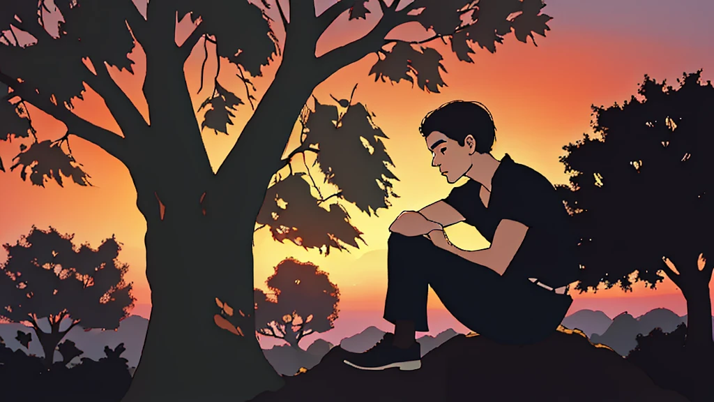 young man under a tree admiring the sunset