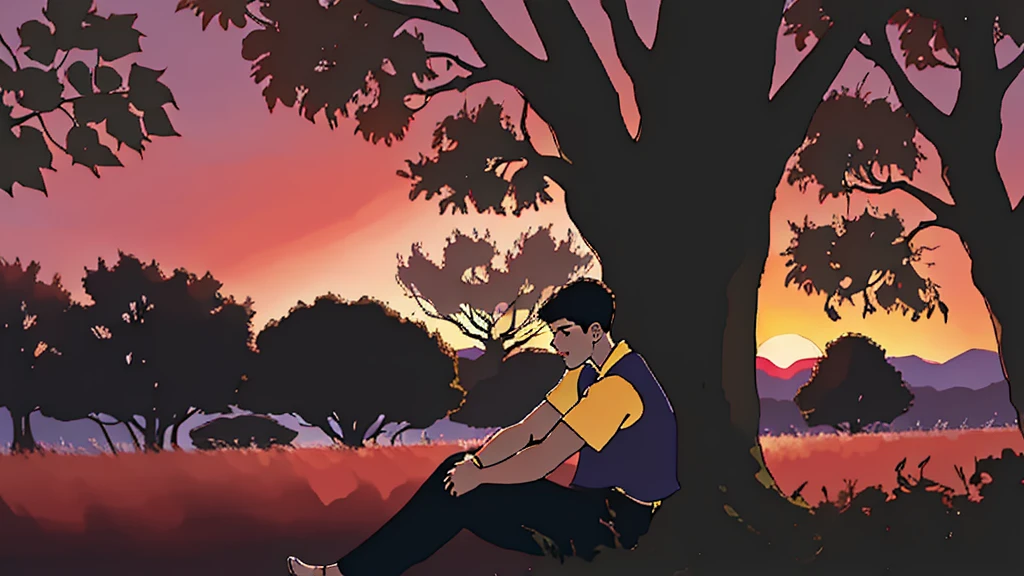 young man under a tree admiring the sunset