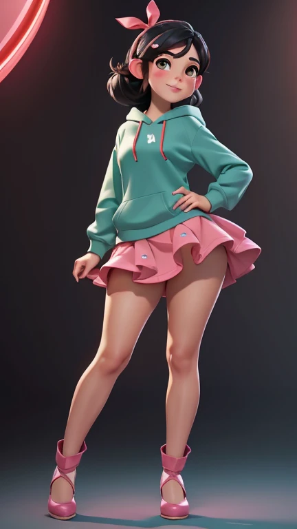 Full body view, adult, (best quality:1.4),(shiny skin), body focus, (cute face), (((best quality))), illustration, adult, full body view,  ((Beautiful Finger)), , Beautiful body, Beautiful character design, ,perfect lighting, Colorful, Bright_Front_face_Lighting, ultra high res, highres, absurdres:1.2, bokeh:1.2, lens flare, huge breasts, tall, long legs, adult, (vibrant_color:1.2), , (thick thighs:1.1), THICK, Black hair with colored sprinkles, red ribbon, teal hoodie, large brown eyes, pointy ears, pink blush on cheeks, content expression, skirt, adult Vanellope von Schweetz as an adult, 30 years  old.