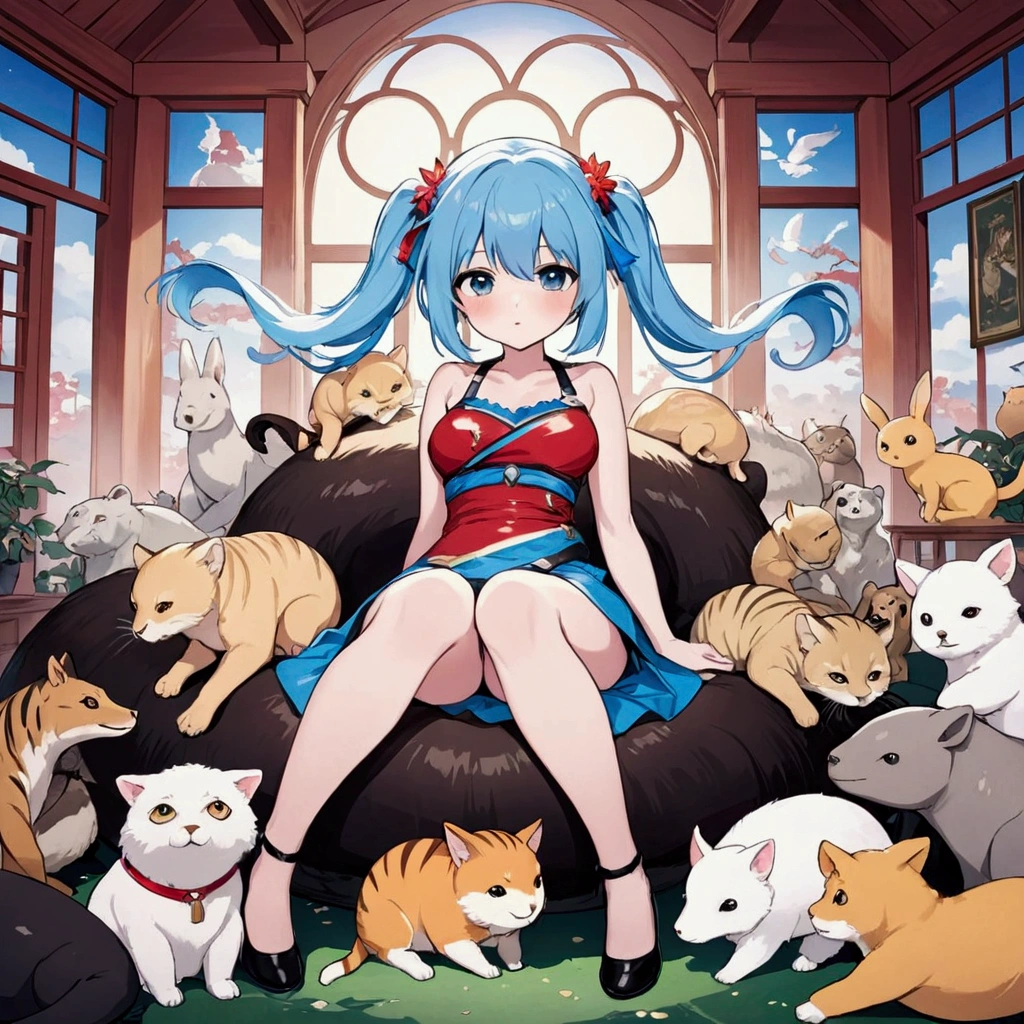 Anime girl sitting on a pile of animals in her room, Anime fantasy illustration, artstation pixivでトレンド, Anime illustration, Jan J, Art James' Style, Anime-style illustrations, by Shimo, Trending on cgstation, Trending Anime Art, Artgerm Comics, pixiv Contest Winner, Trend Art Germ, Top rated on pixiv
