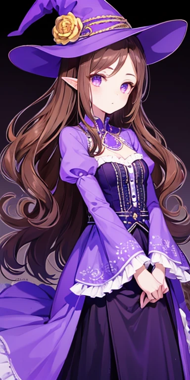 1 girl, breasts small, purples eyes, curled hair, brownhair, long  hair, skin tanned, purple dress, witch, elfo