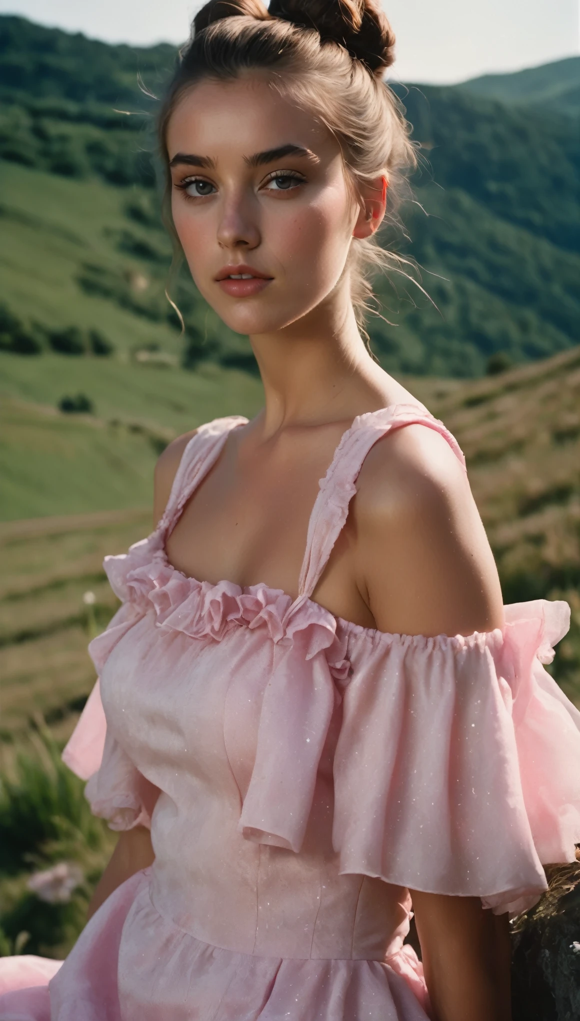 a beautiful young Belgian woman, 20 years old, highly detailed face, brown hair bun, ideal face, ideal legs, sensual look, realistic detailed skin, wearing pink ruffle mini dress, hidden valley of unicorns, RAW candid cinema, 16mm, color graded portra 400 film, remarkable color, ultra realistic, highest quality, masterpiece photography,  
