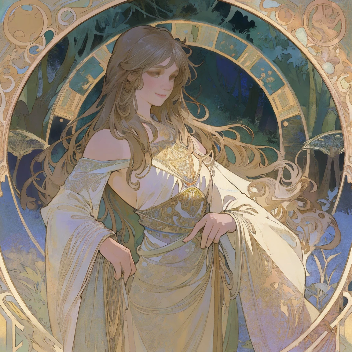 cover, a high resolution, top quality, Best quality, paid reward available, unparalleled masterpiece, The perfect work of art, absurdity, High-quality illustrations by Alphonse Mucha., Art Nouveau, Delicate and elegant lines, loose hair, Flowing dresses, Curvilinear lines, Decoration with plant motifs, Geometric decoration, Poetic atmosphere, rich colors, Dreamy, Mystical, tarot card(In the woods, Where the creek flows, Backlight)Ideal Anatomy(fluffy, just concentrate, dress, Long Globe)(fluffy антро:1.7)((8 smoky body, Facial features of animals, Features of the animal's body)))All over body, archaic smile (portrait),
