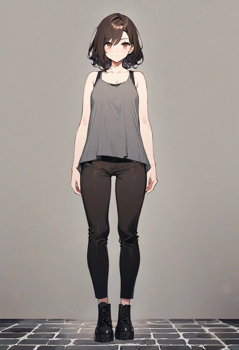 A beatiful anime woman, long dark brown hair, dark brown eyes, gray tank top, black short, black boot, standing, full body