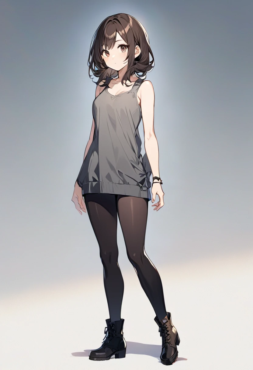 A beatiful anime woman, long dark brown hair, dark brown eyes, gray tank top, black short, black boot, standing, full body