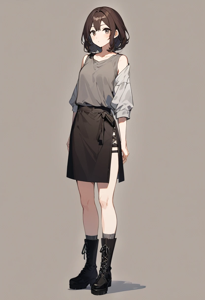 A beatiful anime woman, long dark brown hair, dark brown eyes, gray tank top, black short, black boot, standing, full body