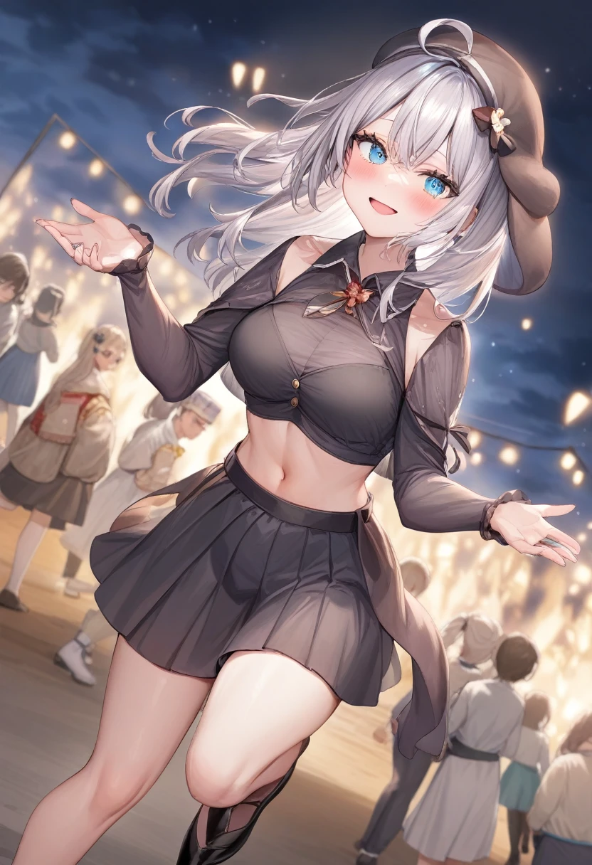 One girl,  Alisa Mikhailovna Kujo,Tomorrow, my friend, Arya-san, will be visiting Russia.,alone, Long Hair, Eyebrows visible through hair, Hair between the eyes, Silver Hair, blue eyes, Medium chest, Black Uniform、A huge campfire、at night、School festival、Dancing folk dance、
View your viewers, Top quality to reach out to your audience, so beautiful, 