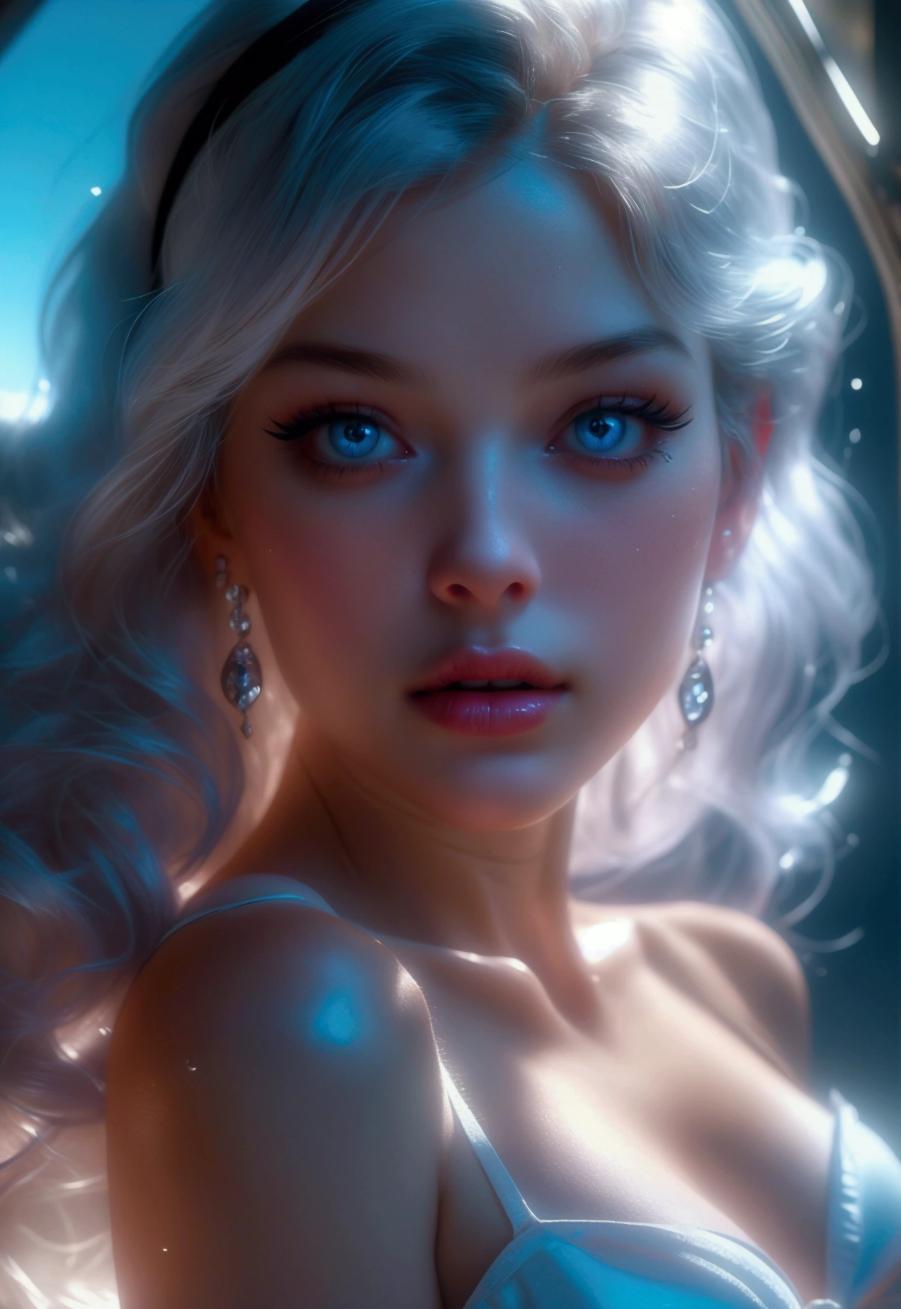 (((ultra realistic))) Photo, masterpiece, top quality, (pale skin), (Ultra detailed face and eyes:1.3), 1 girl, Adult, A Gil Elvgren pin-up style painting of a beautiful blonde woman with big messy hair, with a thin black hairband, in a seductive short blue dress, cleavage, white stockings, in a provocative pose, on a giant glowing mushroom, vibrant and colorful,(Natural breasts). ((Posing)), photoshoot, (Soft Lighting), (The play of light and shadows), depth of field, bokeh, (special attention to skin detail: 1.2), Detailed leather texture, detailed skin pores. (Erotic atmosphere of the frame. Color range - Pink, Silver, White tones), UDR, ((Film grain)), ((rays)), (Glare), ((close-up portrait, close to the camera)) , ultra detailed.