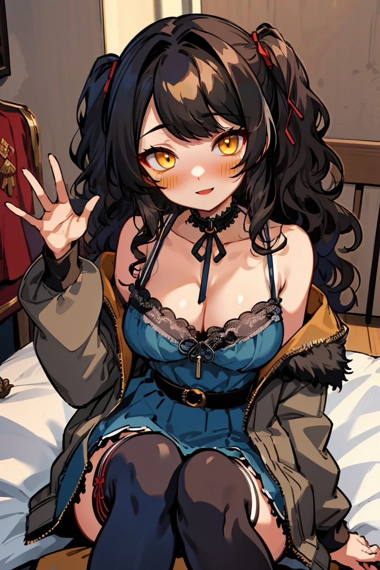 (masterpiece:1.2), (high quality:1.2), (hui xiyi:0.7), rekkyo sensen, rekkyou sensen, girls with((1girl, solo, black hair, yellow eyes, smiling, (wavy medium hair, one side up:1.55), (left swept bangs:1.53), bare shoulder, blush, breasts, choker, cleavage, coat, cowboy shot, long dress, blue lace dress, camisole dress, frilled dress, frilled skirt, ribbon waist belt, black ribbon belt, red bow, red ribbon, neck ribbon, collar, collarbone, rosary, rosary choker, cross, fur, fur trim, parka, khaki hoodie, green hoodie, khaki jacket, hood down, hooded coat, hooded jacket, hoodie, jacket, large breasts, long sleeves, medium breasts, open clothes, open coat,open hoodie, sleeveless, winter clothes, zipper, cleavage, upper body, hand up, waving, palm, white thighhighs, single thighhigh, exposed legs, exposed foots, left thighhigh, solo, legs, high heels, sittings, sit on the chair)), background with((bedroom, room:2.0))
