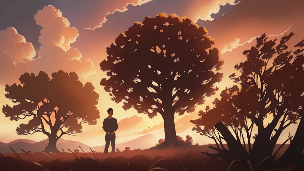 a young man standing under a tree, admiring the breathtaking sunset, golden hour lighting, serene landscape, warm colors, photorealistic, highly detailed, cinematic composition, dramatic lighting, moody atmosphere, realistic textures, beautiful sky, gorgeous clouds, intricate foliage, depth of field, volumetric lighting, photographic quality, masterpiece, octane render, 8k uhd
