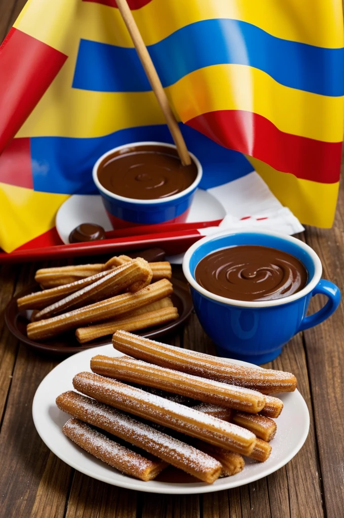Churros dipped in arequipe chocolate and condensed milk with the flags of Venezuela and Colombia