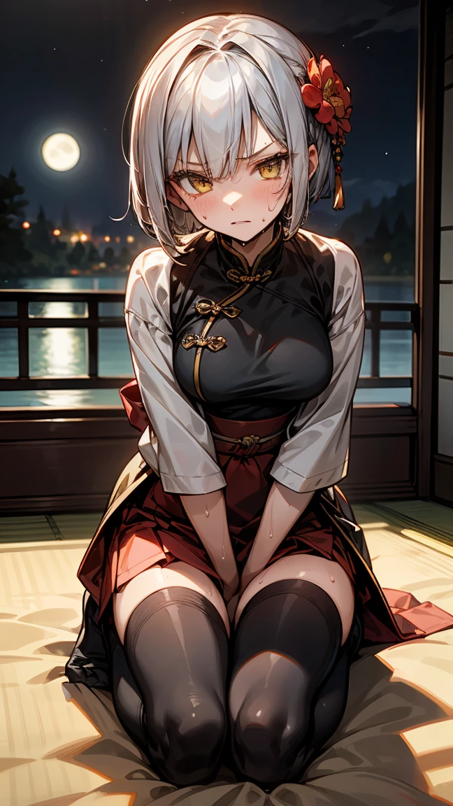 young girl , short silver bob hair, hair flower, sharp bangs between the eyes, yellow  eyes, eyes large, dominant look, cold stare, somewhat angry expression. traditional chinese imperial clothes black with gold details, red skirt, black thigh high socks. slenderbody. On your knees on the bed, kneeling. front point of view, far view. in a Japanese room, at night, with full moon in the background, light reflecting on the sexy and sweaty body. (((sweat)))