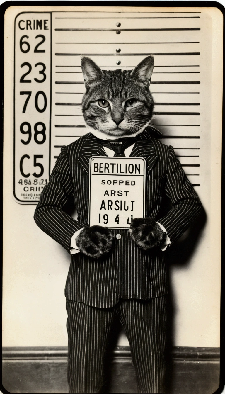 Bertillon Photo of a criminal under arrest, Bertillon Crime Photos, A cat wearing a striped arrest suit and a license plate,