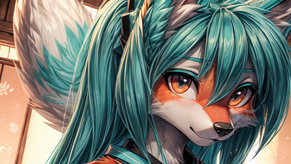Japanese adolescent hatsune miku x kitsune , fox face elongated snout add-detail, Surprise face, sweaty body, heated add_detail,