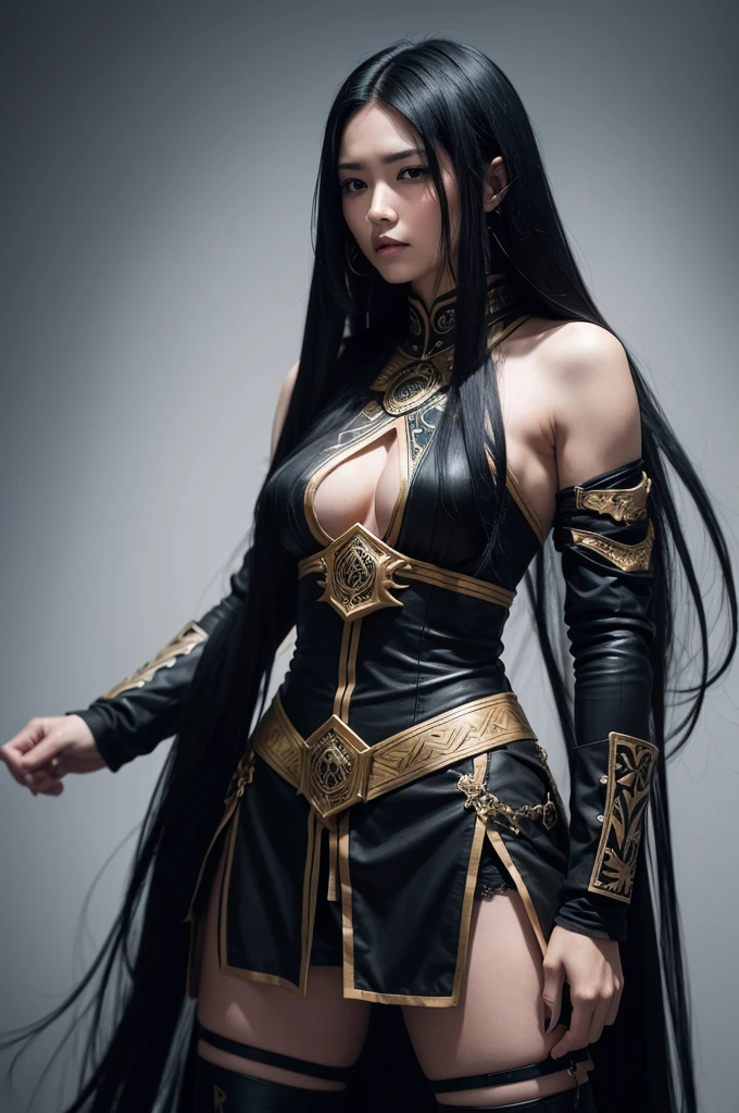 A woman with long black hair wearing a warrior outfit 