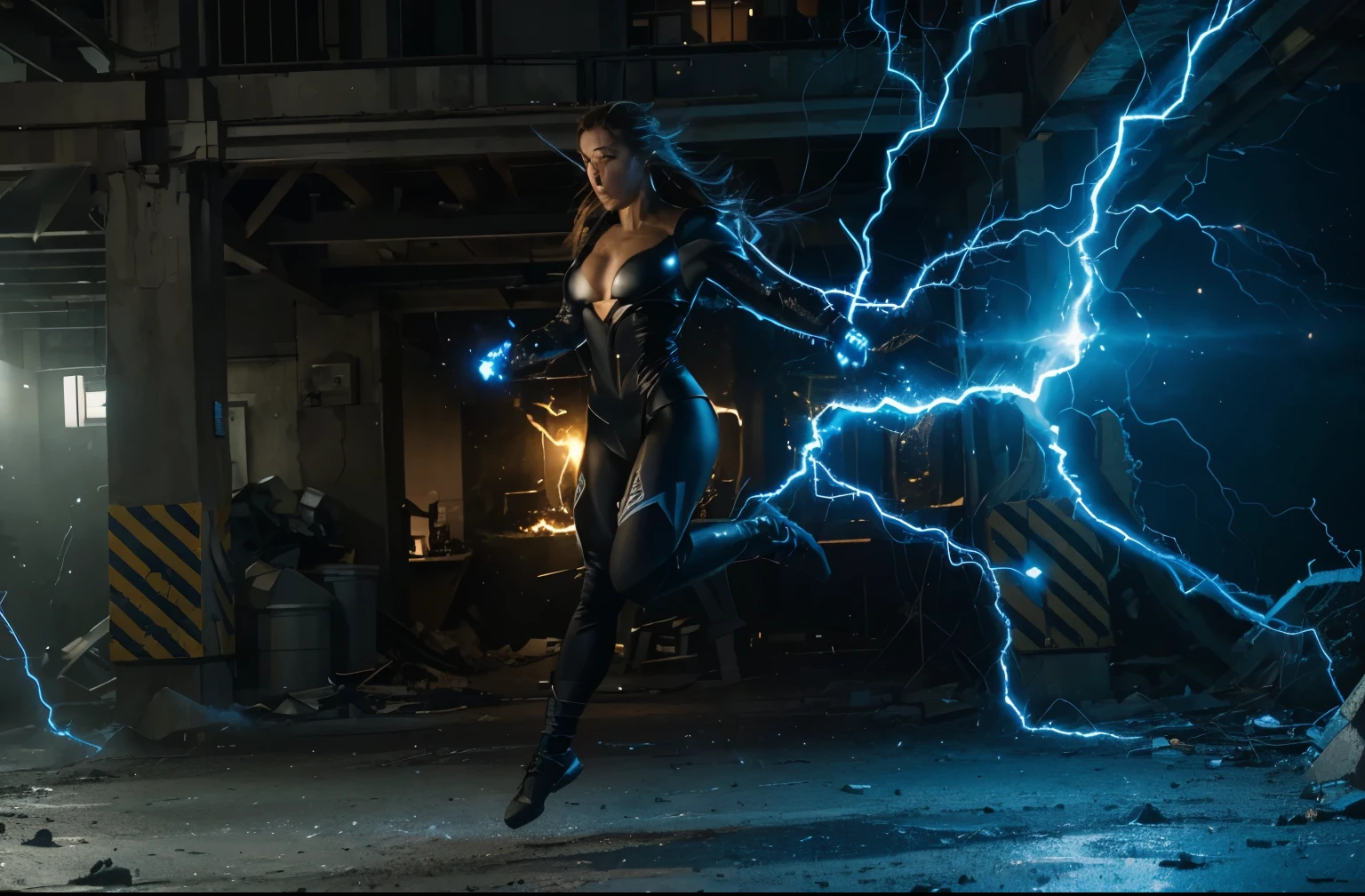 (Best quality, 8k, 32k, Masterpiece, UHD:1.2), "Transform the scene into a dynamic and electrifying moment where a character is surrounded by and emerging from a storm of lightning, energy, and power. Picture the character at the epicenter of a powerful electrical storm, with arcs of lightning crackling around them and illuminating the surroundings with intense flashes of blue and white light. ((jump)) ((jumping))

The character's form is shrouded in a swirling vortex of raw energy, their silhouette glowing with a radiant aura. Bolts of lightning strike the ground and radiate outward, creating a web of electrical currents that pulse with life. The air is charged with static, and the ground beneath the character trembles from the sheer force of their power.

The character’s stance is one of dominance and control, their eyes glowing with an otherworldly intensity. Their attire and any visible equipment should appear to be infused with energy, emphasizing their connection to the elemental forces at play.

Capture the interplay of light and shadow as the lightning illuminates the scene, casting dramatic contrasts and highlighting the character’s commanding presence. The surrounding environment should reflect the chaos and intensity of the storm, with debris swirling and objects electrified by the immense power. ((jumping))

The scene should evoke a sense of awe and excitement, showcasing the character's overwhelming strength and their mastery over the elemental forces of lightning and energy."