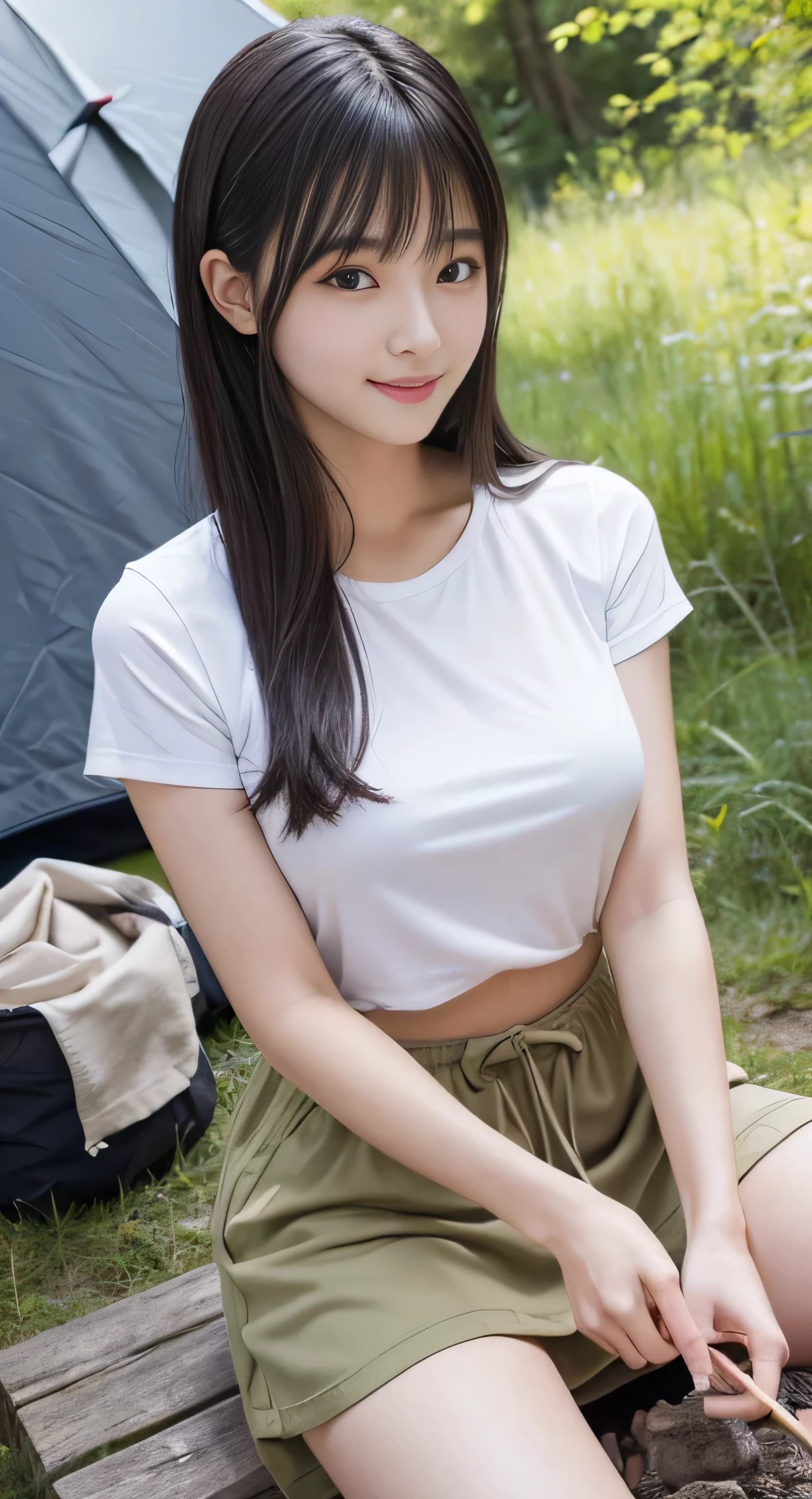 Create an ultra-realistic image of a 21-year-old Japanese woman named Kotone camping in a picturesque outdoor setting. She has extremely long, perfectly straight black hair that flows down to her waist, with blunt bangs that cover her forehead. Her eyes are large and enchanting, with double eyelids that give them a captivating and youthful appearance. Her face is delicate and innocent, with very thin eyebrows that frame her large, childlike eyes. Kotone's skin is smooth and flawless, resembling snow in its pure white color. Kotone has a slender and well-proportioned body with a bust size of 95 cm, a cinched waist, slim thighs, and firm buttocks. Her complexion is flawless, without any wrinkles, and her natural makeup enhances her features subtly, maintaining a fresh and youthful look. 

Kotone is dressed in casual, comfortable camping attire, consisting of a fitted t-shirt, cargo shorts, and hiking boots. She is sitting by a campfire, with a tent and lush greenery in the background. She is roasting marshmallows on a stick, with a cute and innocent smile that adds warmth and affection to her appearance. The lighting is soft and natural, emphasizing the smoothness of her skin and the delicacy of her features, creating a sense of depth and realism. The background should be detailed and natural, highlighting the beauty of the outdoor setting and the simplicity of camping life.
